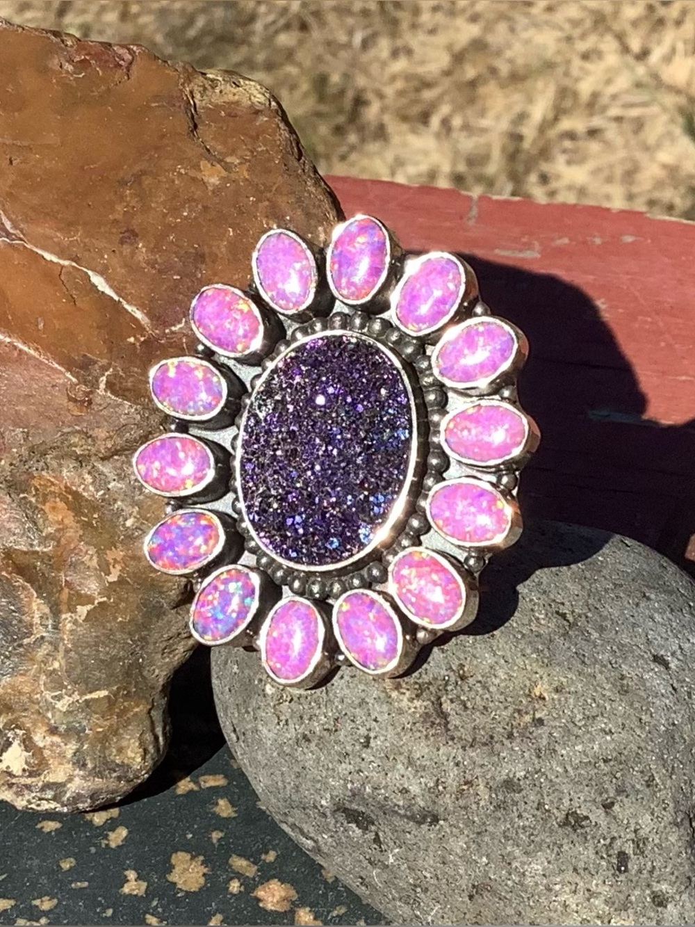 Purple Druzzy and Pink Opal Sterling Ring